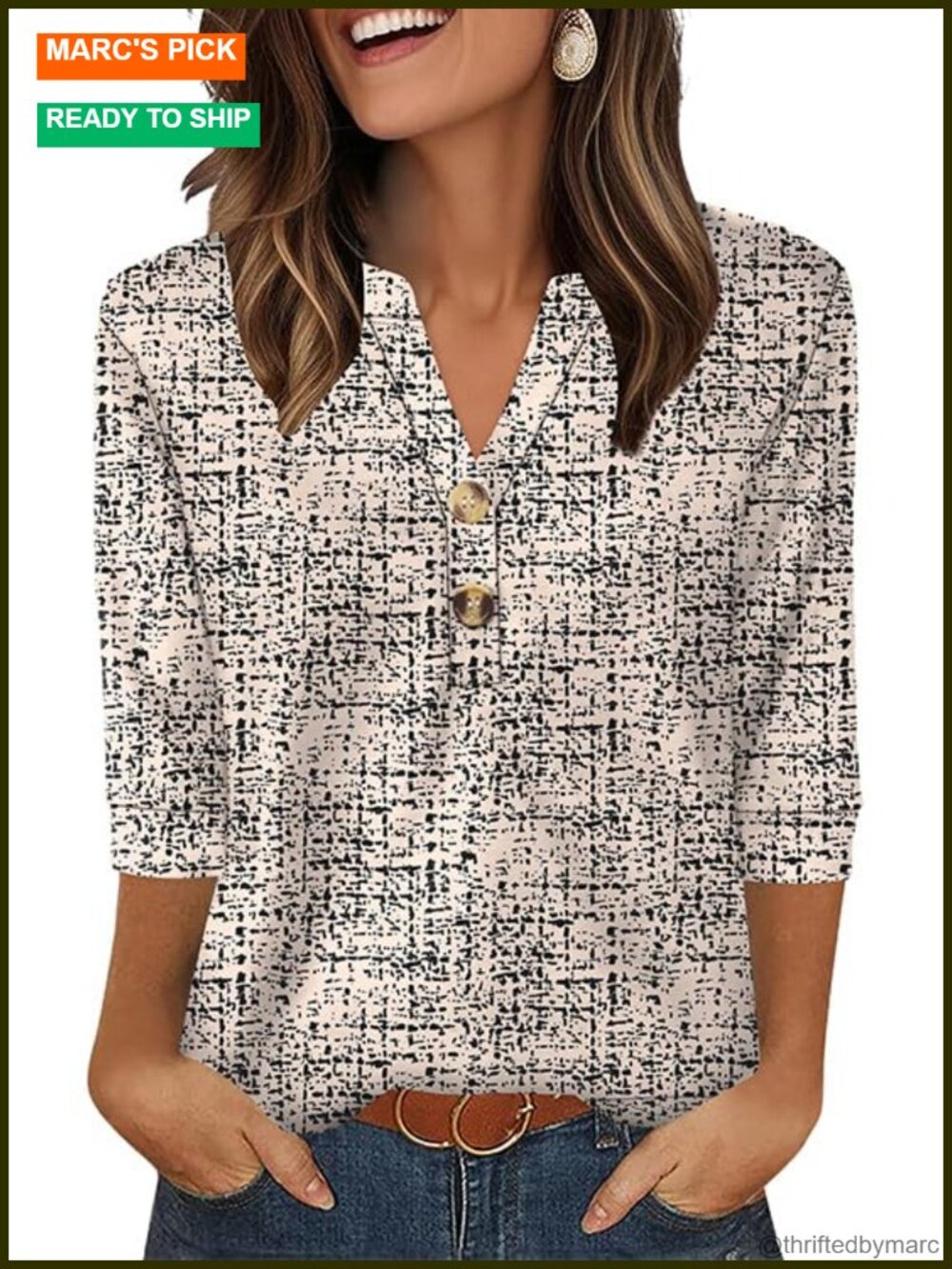 3/4 Sleeve Henley Blouse, Soft Lightweight V-Neck Button Down Top, Womens - Picture 1 of 5